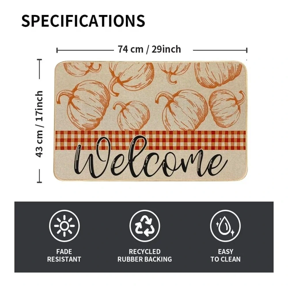 Pumpkin Fall Welcome Doormat Outdoor Entrance Autumn Indoor Floor Mat 17x29 Inch